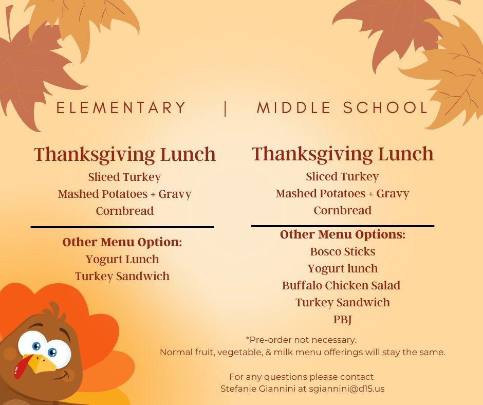 Mark your calendars! 📅 Next Friday, November 22nd, we’ll be serving a special Thanksgiving lunch for all our students. 🦃🍽️

<a href="/MarquardtSD15/">Marquardt SD15</a> #wearemarquardt #marquardtfood #DuPageIL #DuPageIllinois #DuPage #ILschools #DuPageCounty <a href="/MarquardtMiddle/">Marquardt Middle</a>