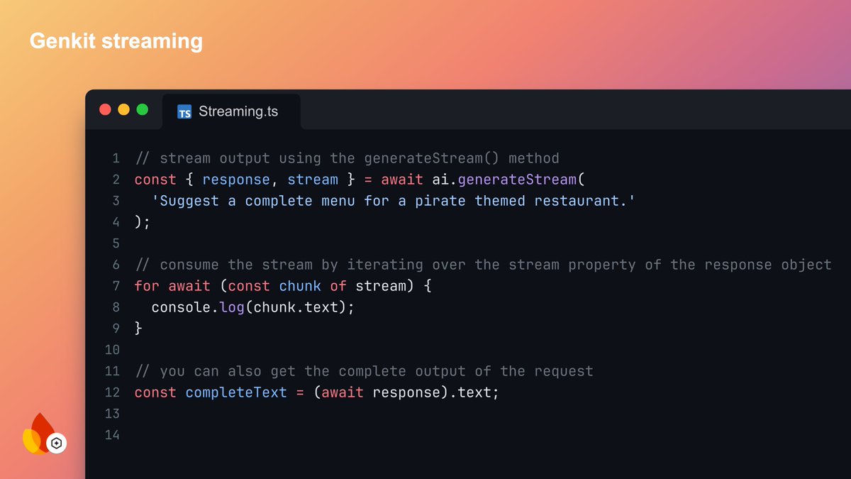 In Genkit 0.9 we've made it easier to stream responses from your flows.

Here's how you can generate a stream, and how to consume it (or wait until it has finished).