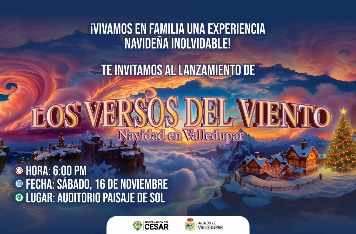¡Vive una experiencia navideña inolvidable! 🎄✨ Te invitamos al lanzamiento de “Los Versos del Viento: Navidad en Valledupar”,

📅 Fecha: Sábado, 16 de Noviembre de 2024
📍 Lugar: Auditorio Paisaje de Sol, Valledupar
⏰ Hora: 6:00 PM