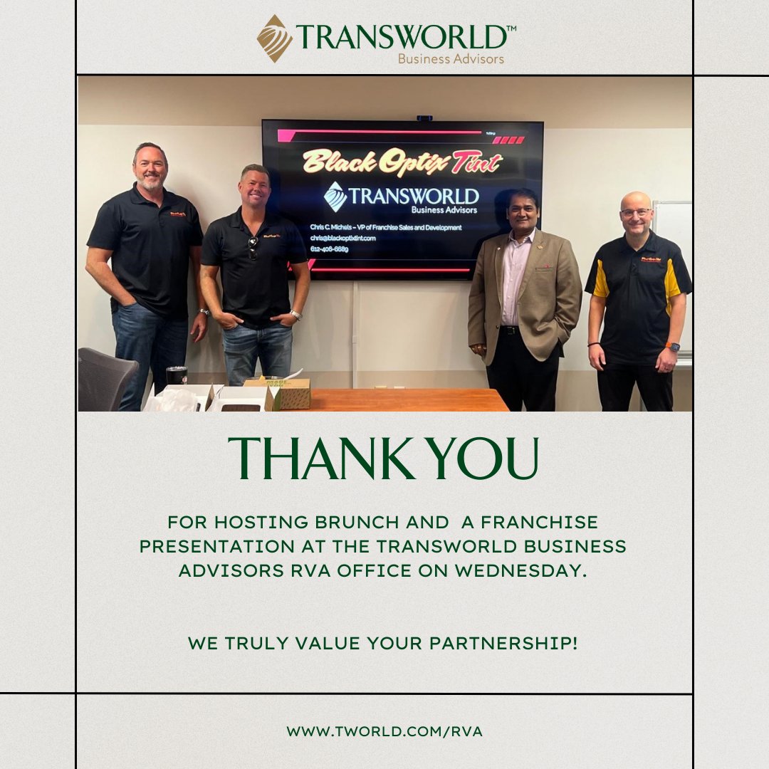 TransworldCW's tweet photo. 🌟 A Huge Thank You to the Black Optix Tint Team! 🌟

We at Transworld Business Advisors RVA are so grateful for the fantastic brunch and learning experience hosted by the incredible team at Black Optix Tint! 🙌

We truly enjoyed hearing about your unique approach to... https://t.co/PQumMaKtJt