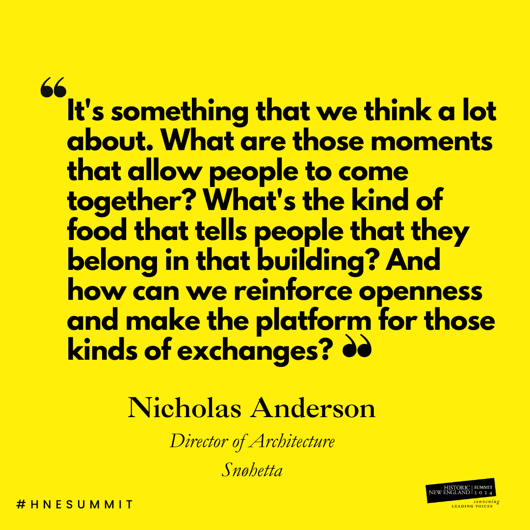 LAST PANEL OF THE DAY🚨: Nicholas Anderson, Director of Architecture at Snøhetta, breaks down the thought process behind creating community creative spaces, and how culture and space-making play into architecture. 
•
#HNESummit #HistoricNewEngland #Portland #Maine