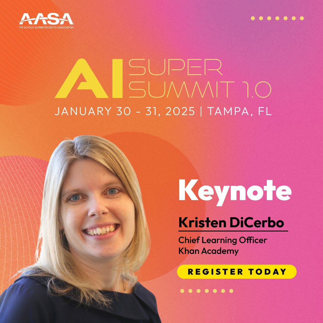 AASA (@aasahq) on Twitter photo Get Ready for the AI Super Summit 1.0! 🌟
Join us January 30-31, 2025, in Tampa, FL, for an immersive experience exploring the future of AI in education. We’re thrilled to welcome <a href="/KristenDiCerbo/">Dr. Kristen DiCerbo</a>, Chief Learning Officer at <a href="/khanacademy/">Khan Academy</a>, as our keynote speaker! Learn from the Get Ready for the AI Super Summit 1.0! 🌟
Join us January 30-31, 2025, in Tampa, FL, for an immersive experience exploring the future of AI in education. We’re thrilled to welcome <a href="/KristenDiCerbo/">Dr. Kristen DiCerbo</a>, Chief Learning Officer at <a href="/khanacademy/">Khan Academy</a>, as our keynote speaker! Learn from the