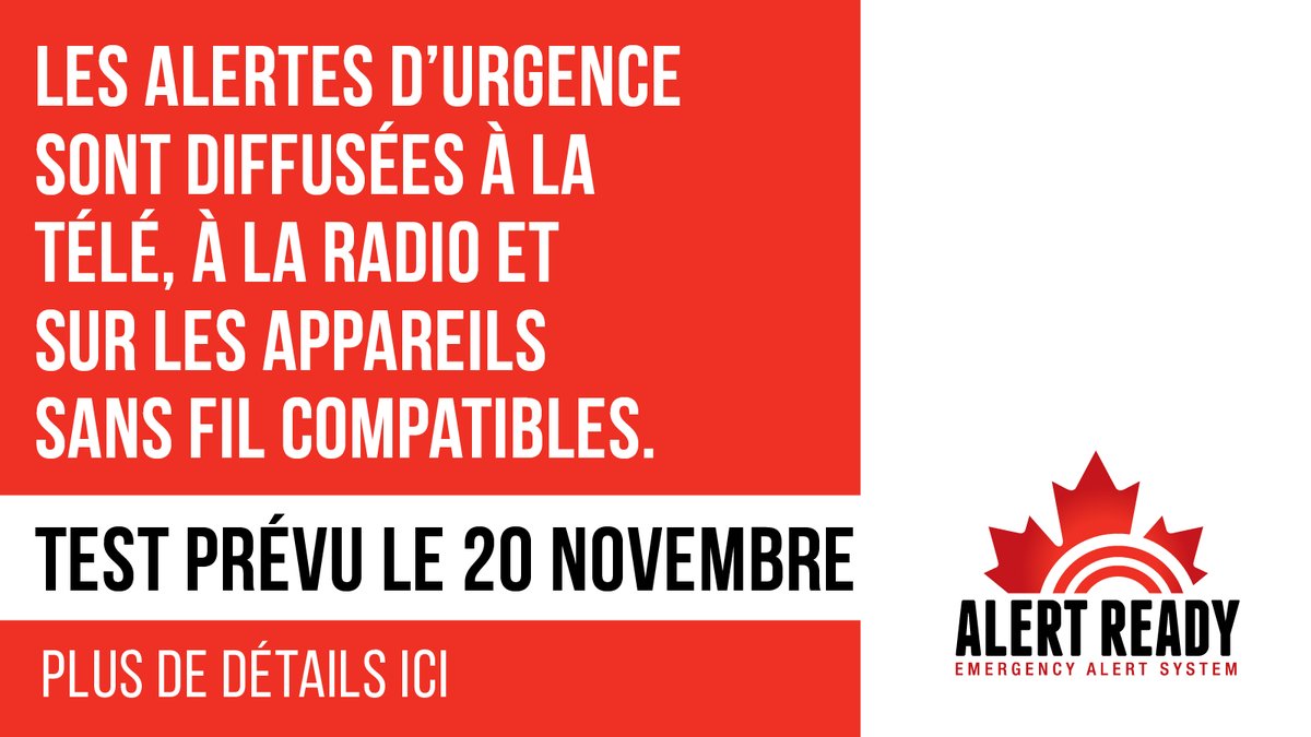 Rappel: Il y aura un #AlerteTest du système #EnAlerte le mercredi 20 novembre.

Découvrez si votre province/territoire y participe: enalerte.ca/information-ec…