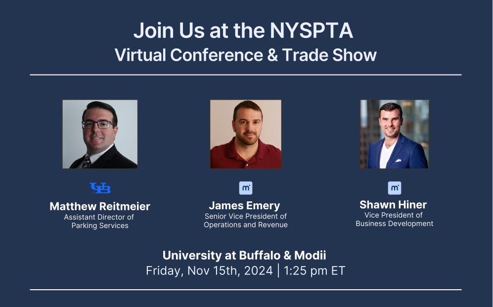 ModiiCo's tweet image. Join us tomorrow for the @NYSParkTrans Virtual Conference & Trade Show, where James Emery and Shawn Hiner will speak alongside Matthew Reitmeier, from @UBuffalo, about our work to digitize campus parking and enhance access for the UB community.
Register: nysparkingandtransportation.com