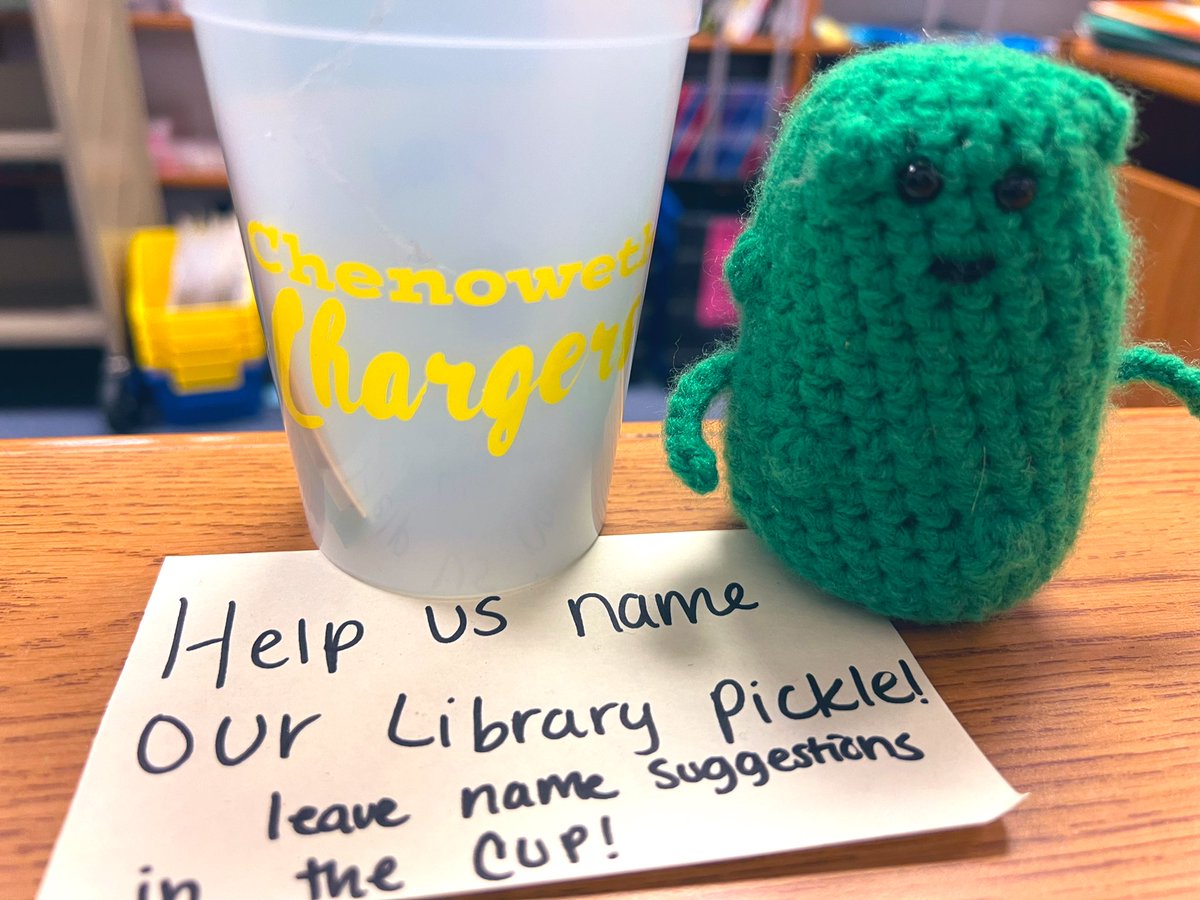 Jennifer Koch (@chargerlms) on Twitter photo Our Chargers <a href="/chenowethes/">Chenoweth Elementary</a> are a “Big Dill” so I crocheted 🧶 this pickle 🥒 for our Library! Next Library contest is to help give this little one the best name!
I’m thinking….Cuke Skywalker or Pickliscious… drop your best name below 👇🏼and we will add it to the contest! Our Chargers <a href="/chenowethes/">Chenoweth Elementary</a> are a “Big Dill” so I crocheted 🧶 this pickle 🥒 for our Library! Next Library contest is to help give this little one the best name!
I’m thinking….Cuke Skywalker or Pickliscious… drop your best name below 👇🏼and we will add it to the contest!