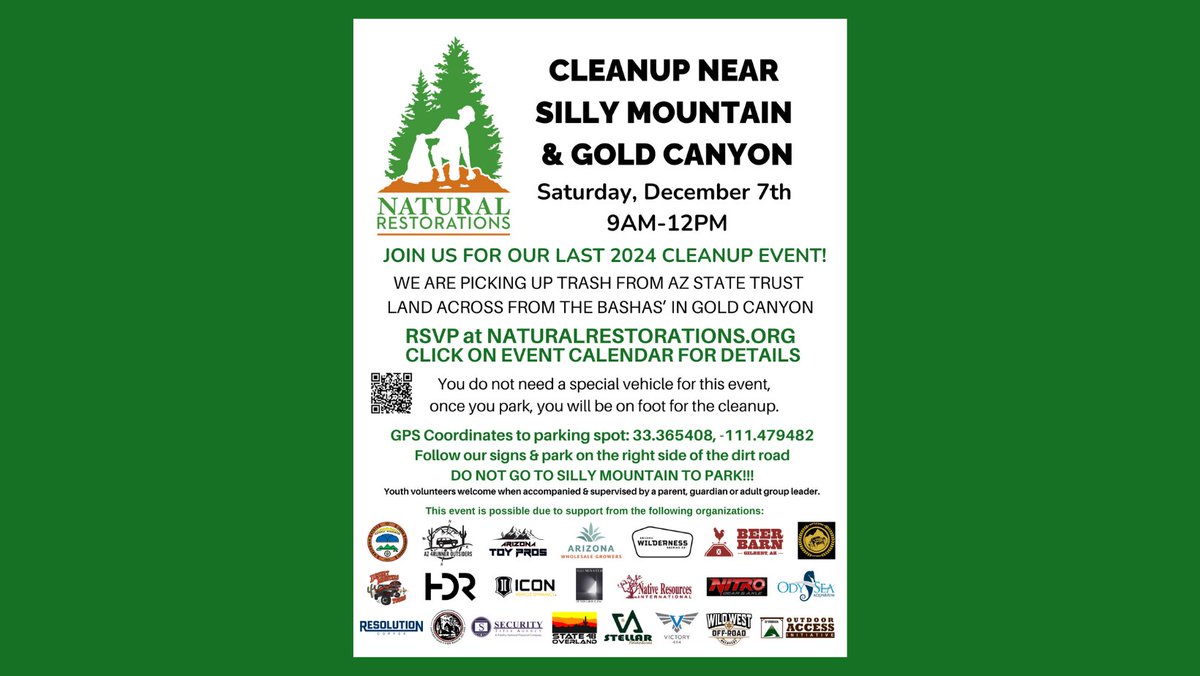 Join us for our final 2024 Cleanup Event on Saturday, December 7th from 9am to 12pm! We're picking up trash near Silly Mountain &amp; Gold Canyon, directly across from the Bashas' in Gold Canyon: eventbrite.com/e/108329119612…