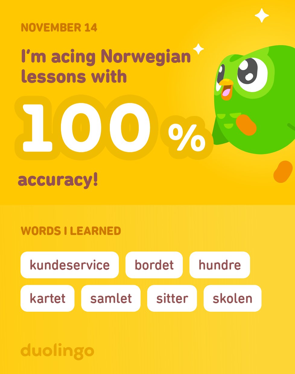 I’m learning Norwegian on Duolingo! It’s free, fun, and effective. https://t.co/pFAV80Svjz