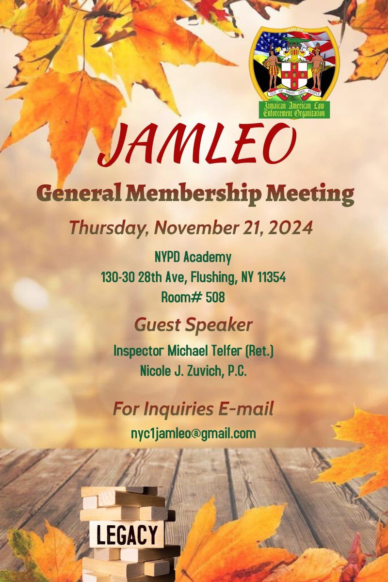Mark your calendars! 📅 On November 21st, join us for our JamLEO Membership Meeting! Let’s come together, connect with new members, and gain insights from guest speakers Inspector Michael Telfer (Ret.) and Nicole J. Zuvich, P.C.#JamLEO #MembershipMeeting #Empowerment