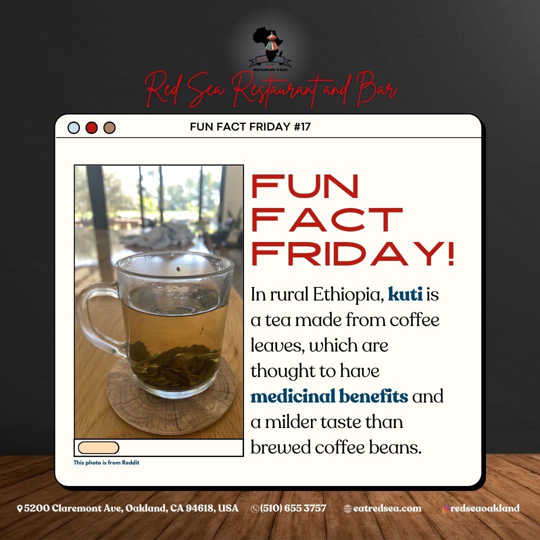 𝙁𝙐𝙉 𝙁𝘼𝘾𝙏 𝙁𝙍𝙄𝘿𝘼𝙔!
💭 𝐃𝐢𝐝 𝐲𝐨𝐮 𝐤𝐧𝐨𝐰 𝐭𝐡𝐚𝐭...🤔🫚🥵
Discover kuti: Ethiopia's coffee leaf tea, milder and packed with benefits! 🍃☕

#Kuti  #friday #fridayfun #fridaymood #funfact #FunFactFriday #eritrea #ethiopia #redsea #oakland #california #oaklandca