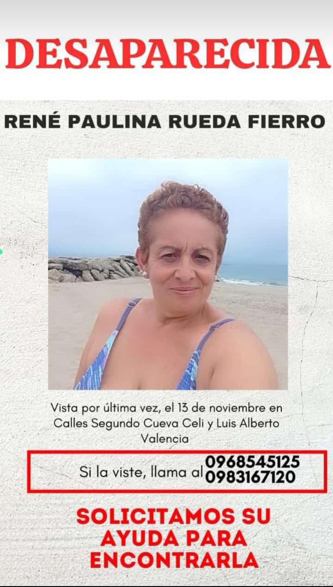 🆘️ ¡Alerta! Nuestra compañera y amiga Paulina Rueda está #desaparecida. Solicitamos ayuda para encontrarla, cualquier información es importante. Por favor al 0968545125 o 0983167120.

Pedimos a <a href="/PoliciaEcuador/">Policía Ecuador</a>, <a href="/FiscaliaEcuador/">Fiscalía Ecuador</a> actuar con celeridad.

 Apoya con tu RT🙏