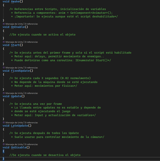 ElenaImagineer's tweet photo. #Unitytips ⇩⇩⇩

Recuerdo esto que veo muchas dudas entre la gente que empieza ahora con Unity 👇

Orden de ejecución de métodos en Unity y características -> Awake, OnEnable, Start, FixedUpdate, Update, LateUpdate y OnDisable🤓

#gamedev #indiedev https://t.co/911uuUcuvp