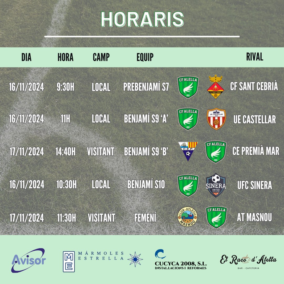 AlellaCF's tweet photo. Horaris del cap de setmana! Estem preparats per competir com mai ⚽️💚

#alella #maresme #futbolcat #futbolbase #deporte #sport #esport #presentacio #evento https://t.co/xNE1bTPLj2