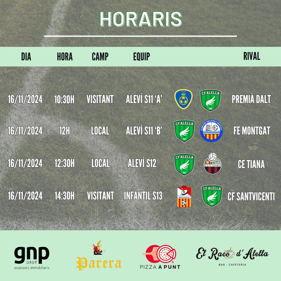 AlellaCF's tweet photo. Horaris del cap de setmana! Estem preparats per competir com mai ⚽️💚

#alella #maresme #futbolcat #futbolbase #deporte #sport #esport #presentacio #evento https://t.co/xNE1bTPLj2
