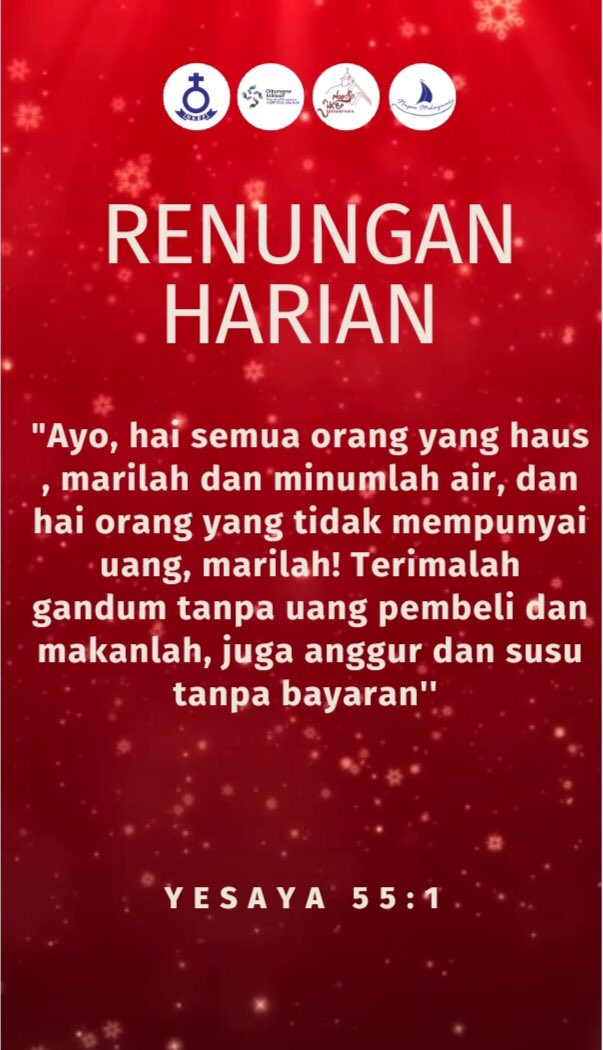 Shalom, selamat pagi Naps!

Sebelum memulai kegiatan pada hari ini, marilah kita membaca sejenak renungan harian berikut ✨

Semangat menjalankan aktivitas hari ini☺️

Tuhan Yesus Memberkati😇🫶🏻