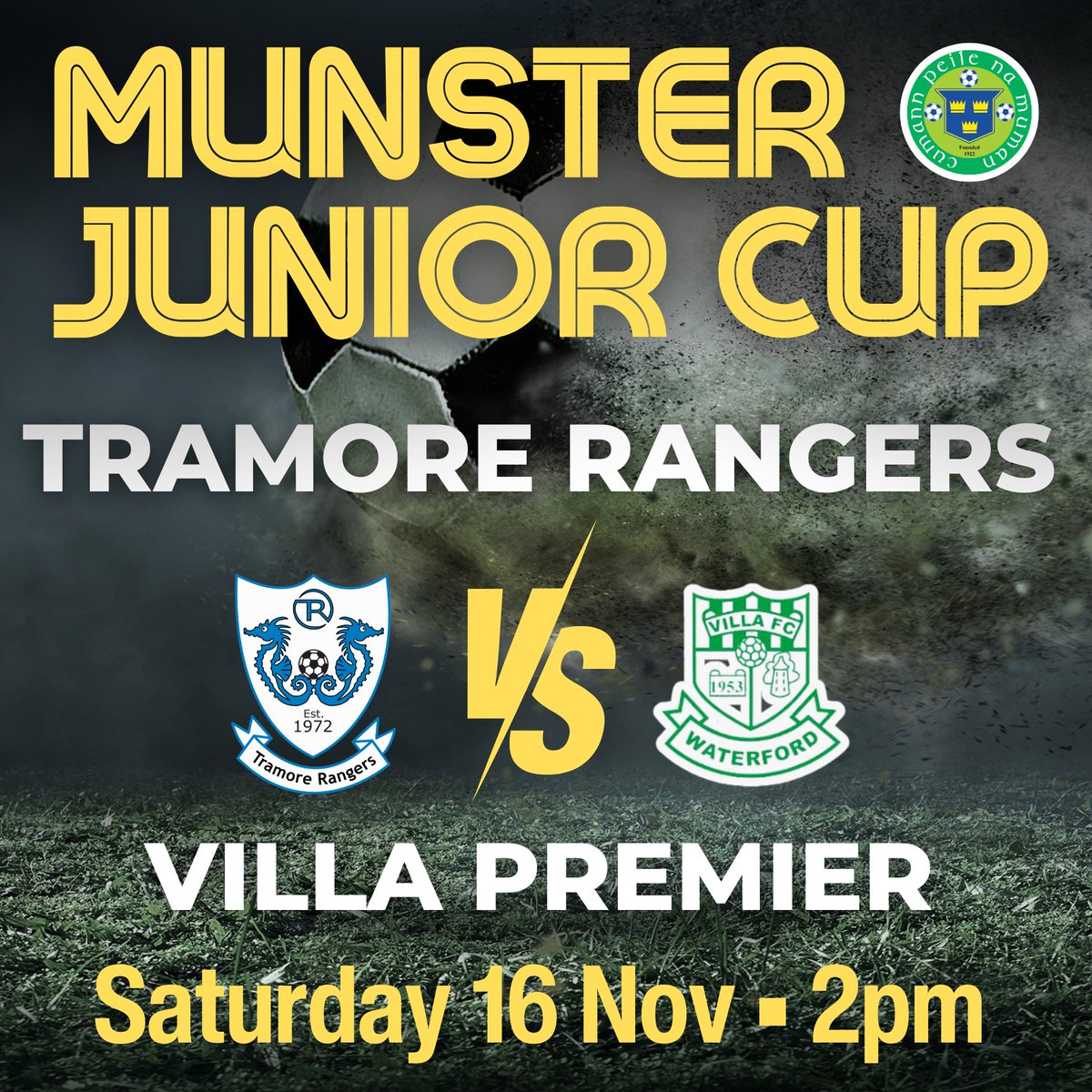 TramoreRangers's tweet photo. All home support would be appreciated for Saturday's @MunsterFA Junior Cup tie as we take on @VillaFC1953, reigning #Waterford Premier champions &amp; firm favourites to make it four successive titles. A case of "Underdogs vs Top Dogs", it's a big task but best of luck boys. #Tramore https://t.co/8Jz1tpSbcb