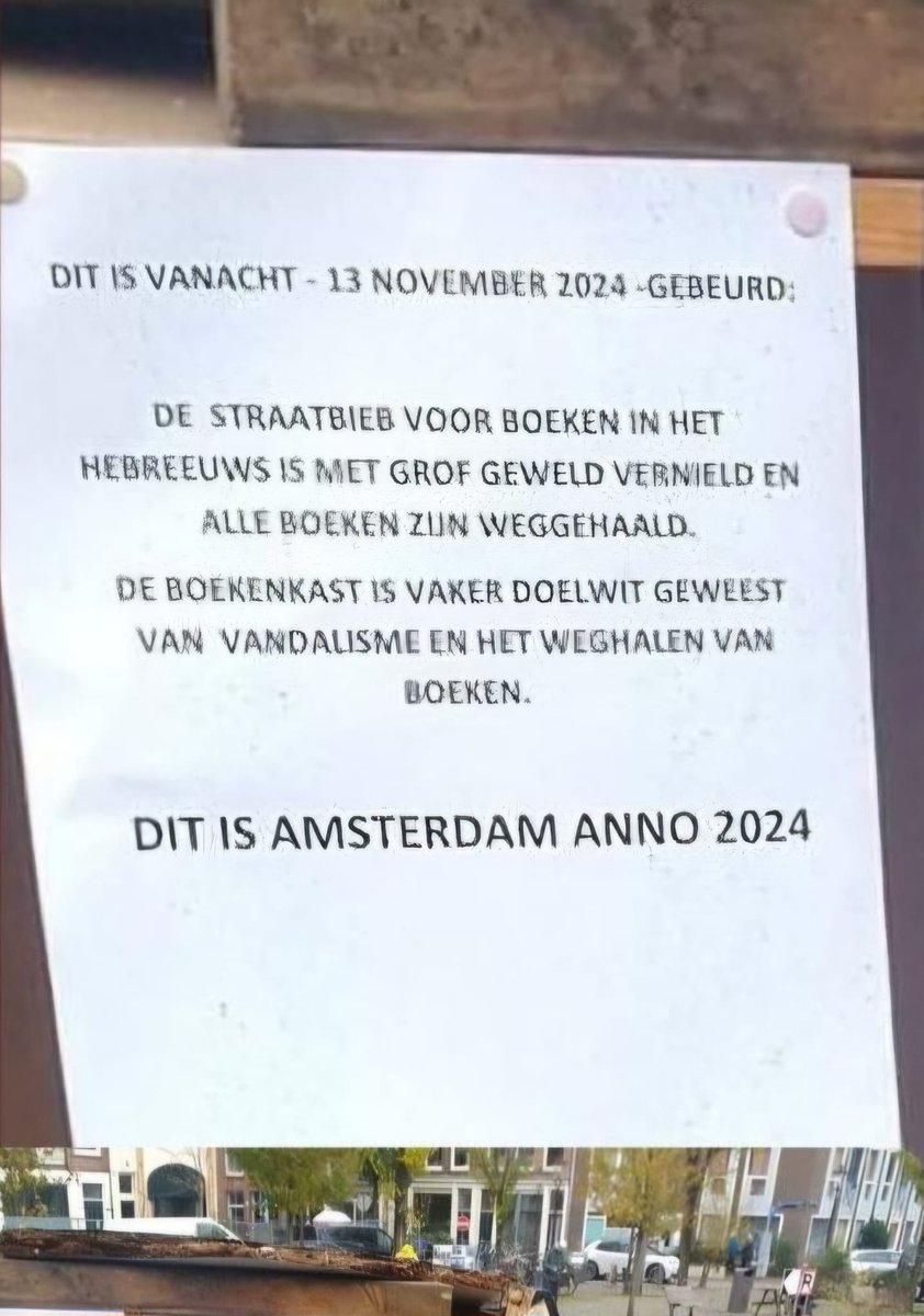 Na de recente pogrom in Amsterdam zijn nu ook boeken aan de beurt.

‘Straatbieb met Hebreeuwse boeken in Amsterdam leeggeroofd en vernield’
🔗telegraaf.nl/nieuws/8665348…