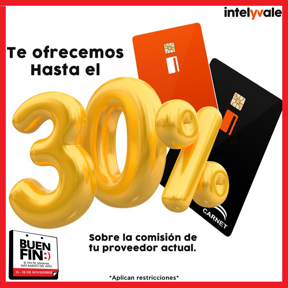 intelyvale's tweet photo. ¡Aprovecha el Buen Fin al máximo! En @Intelyvale te damos hasta un 30% de descuento en comisiones frente a tu proveedor actual. ¡Es el momento de hacer el cambio y ahorrar! 🚀💳 
#BuenFin #Promociones #AhorraConIntelyvale #Descuentos #Ofertas https://t.co/yQpp809jFS