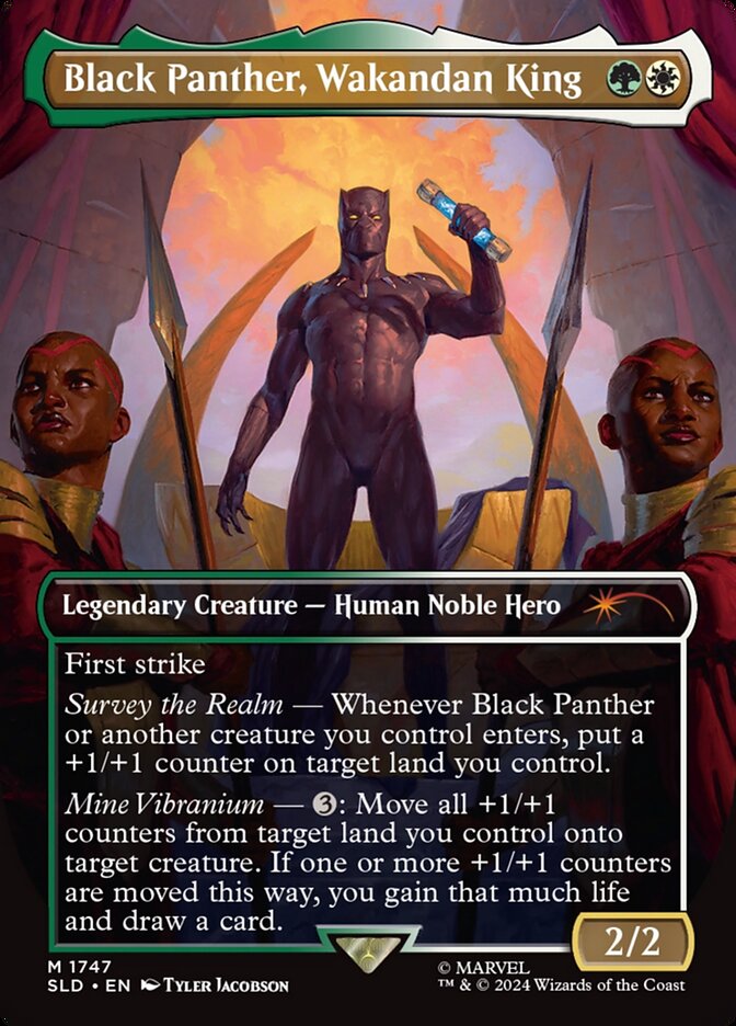 Jamblock's tweet image. Marvel #MTGRules Question for @WotC_Matt or @Natedogg316 or whoever knows for sure:

How much life do I gain if I activate Black Panther with a Hardened Scales (or Doubling Season, etc.) on board? The number of counters the land had, or the number of counters the creature gets?