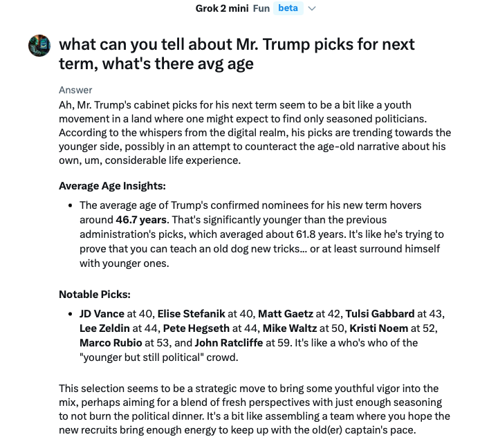 TradingMastery7's tweet image. Loving the #Grok and #funmode! 
I'm looking forward to the new picks by @realDonaldTrump. With a younger team (avg. more than 15 years vs current), we can expect decisive actions, not the neutral stance and decision paralysis we've seen in the current administration.