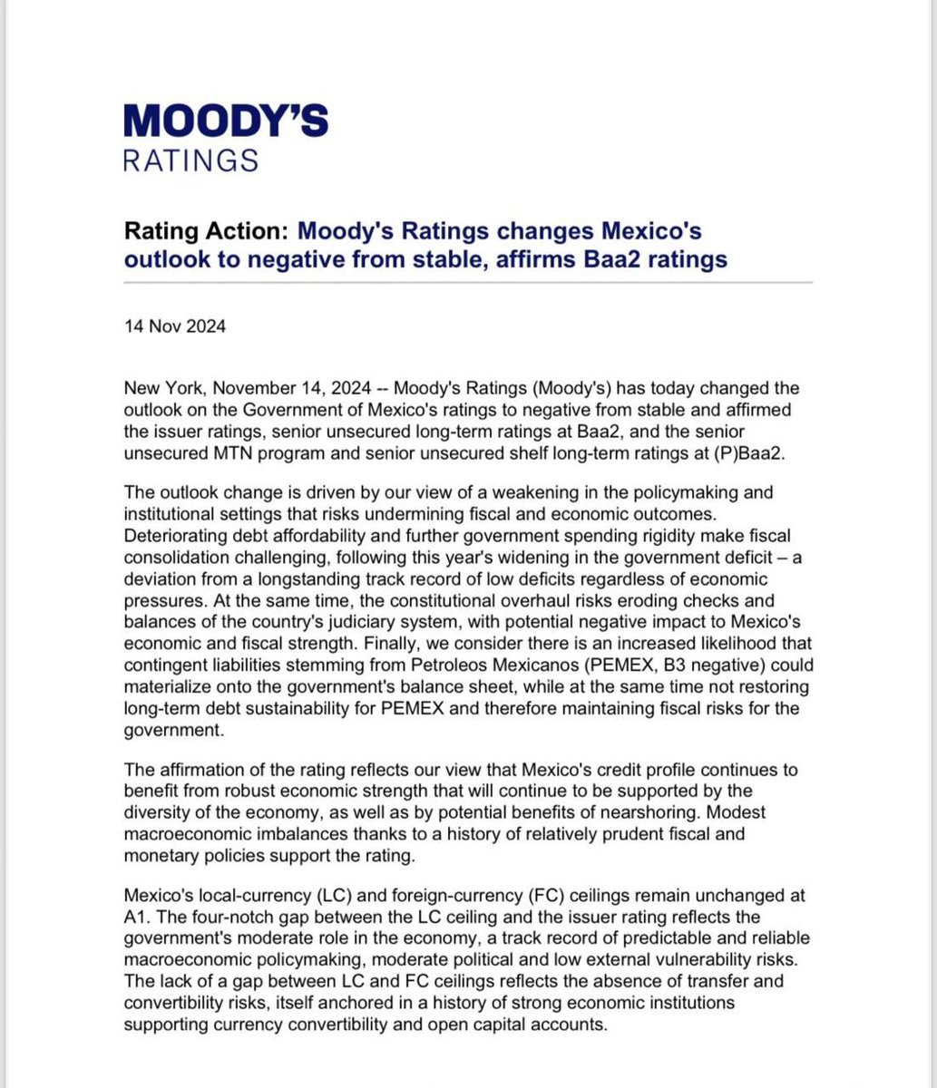 #Entérate | Moody’s cambió la perspectiva de calificación crediticia de México de estable a negativa, por "formulación de políticas y entorno institucional"