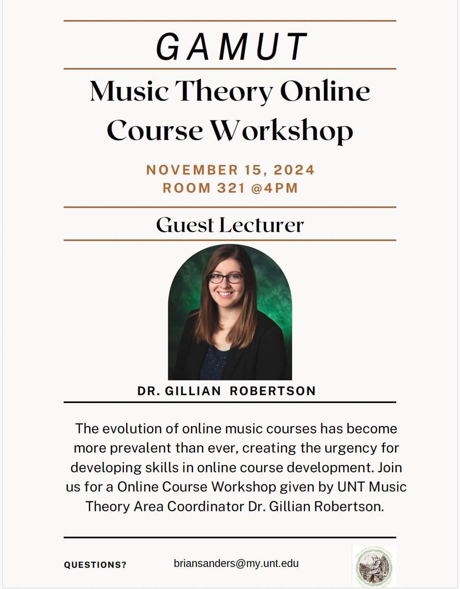 Join us tomorrow for Dr. Gillian Robertson's Online Course Workshop as part of the GAMuT Lecture Series! For those who cannot attend in person, we've got you a Zoom link below. Hope to see everyone there tomorrow! 

unt.zoom.us/j/86596649571
Meeting ID: 865 9664 9571