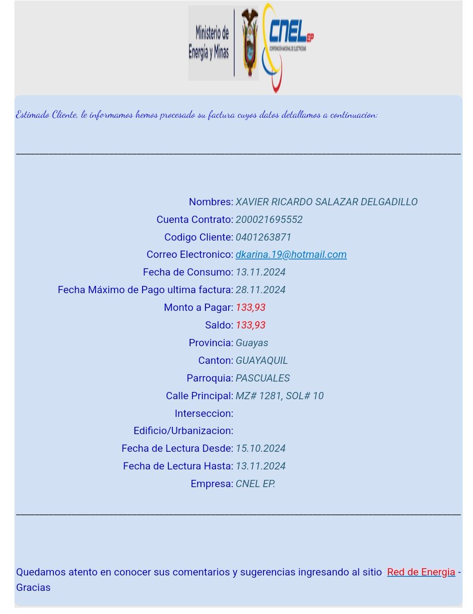 Cómo puede ser posible esto. 12 horas sin energía, y las horas que tenemos son en la madrugada, que nadie se conecta y quieren cobrar este valor <a href="/CNEL_EP/">CNEL EP</a>  <a href="/servicioscnelep/">Servicios CNEL EP</a> <a href="/Presidencia_Ec/">Presidencia Ecuador 🇪🇨</a> <a href="/DanielNoboaOk/">Daniel Noboa Azin</a> <a href="/talentofutbolec/">Xavier Salazar</a>