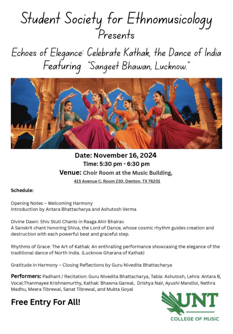 Please join us on November 16 from 5:30 pm to 6:30 pm in the Choir Room at the Music Building, Room 230, for an unforgettable evening celebrating North India’s rich dance heritage. Come and enjoy the mesmerizing rhythm and elegance of Kathak! 🪷