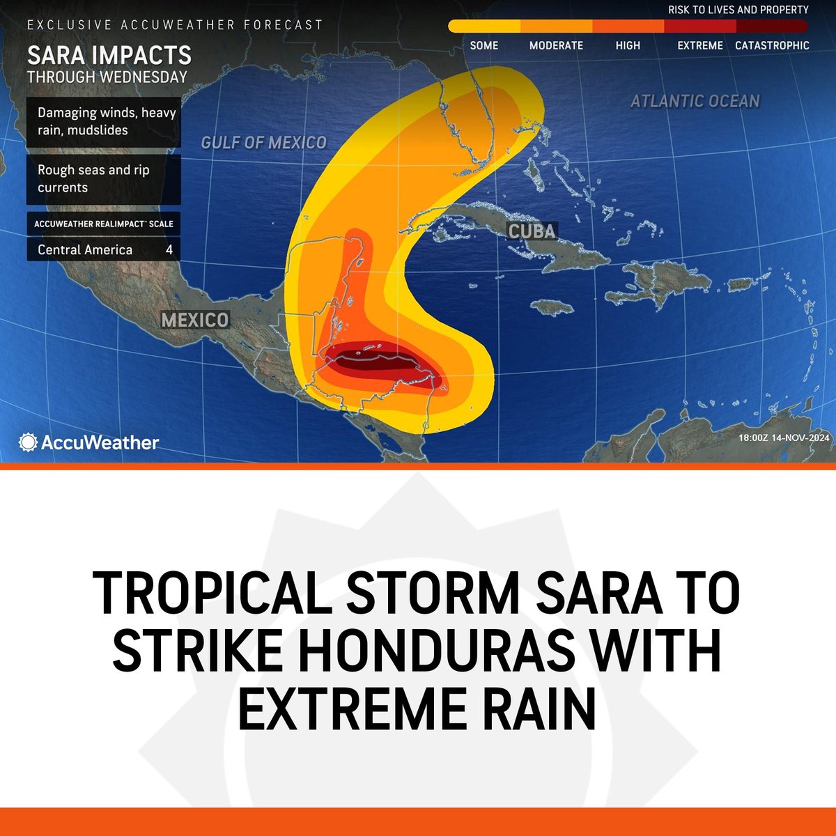 accuweather's tweet image. The slow-moving nature of Tropical Storm Sara while over the land will unleash tremendous rainfall, flash flooding and mudslides. bit.ly/3CCYWxT