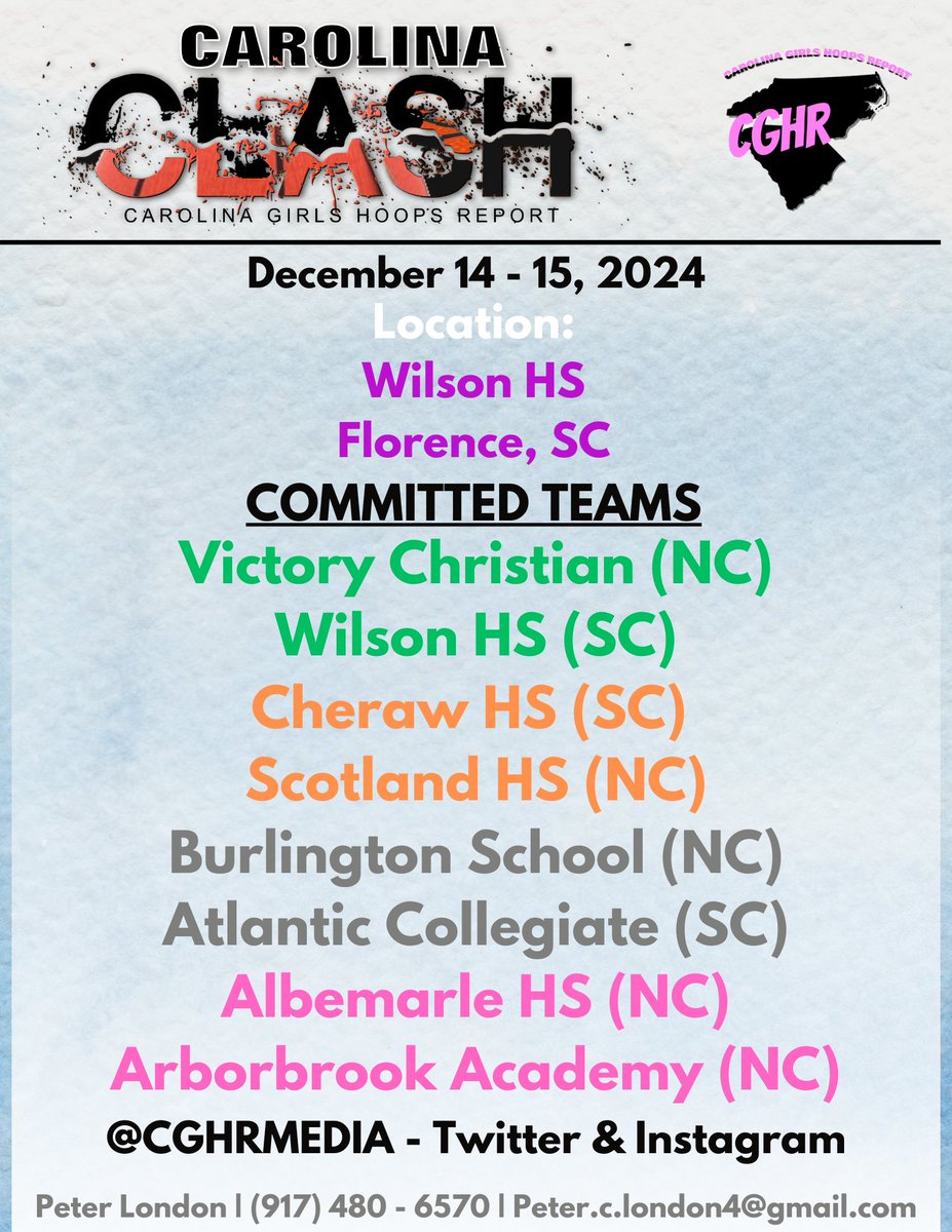 CghrMedia's tweet photo. π #CGHRMedia
HIGH SCHOOL
π - Florence, SC
#CarolinaClash
π - December 14-15, 2024
Committed Teams
@albemarlebulld2
@tigers_wilson
@VCCSAthletics
#CherawHS
#ScotlandHS
@Atlantic_Armada
#ArbobrookAcademy
@TBS_Hoops
FULL SCHEDULE OUT SOON....
#CarolinaGirlsHoopsReport https://t.co/4fZPMdFI1T