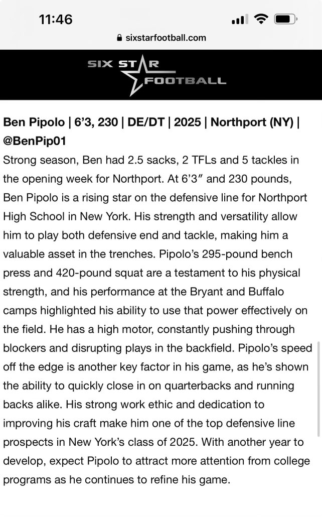 Thank you <a href="/sixstarfootball/">Six Star Football | PLUS+</a> for the write up on my senior season!! Back to work harder than ever. <a href="/nhs_ftb_booster/">Northport HS Football Booster Club</a> <a href="/__CoachSmith__/">Andrew Smith</a> <a href="/LIBasketball23/">LI Sports Fanatic 🏈🏀⚾️</a> <a href="/LIBLITZ/">LI BLITZ</a>