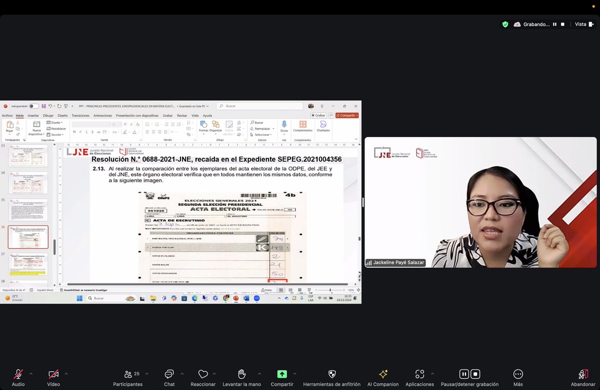 📌 Hoy, 14 de noviembre, se llevó a cabo el “Programa de Extensión Universitaria en Derecho, Gestión y Justicia Electoral para estudiantes de Derecho” con la lección N° 8, a cargo de Jackeline Payé, especialista en Derecho Electoral.