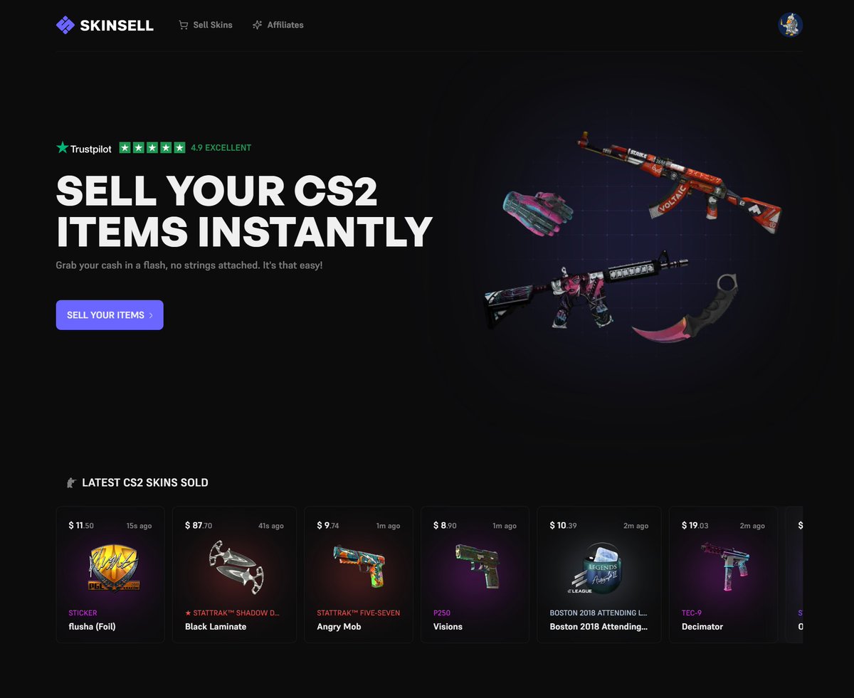 We are now live!

Sell your CS2 skins for the highest rate of any instant sell site by over 20%, and instantly receive funds in over five different payment methods.

It's time for players to stop getting scammed by predatory traders and sites.

Link: skinsell.com