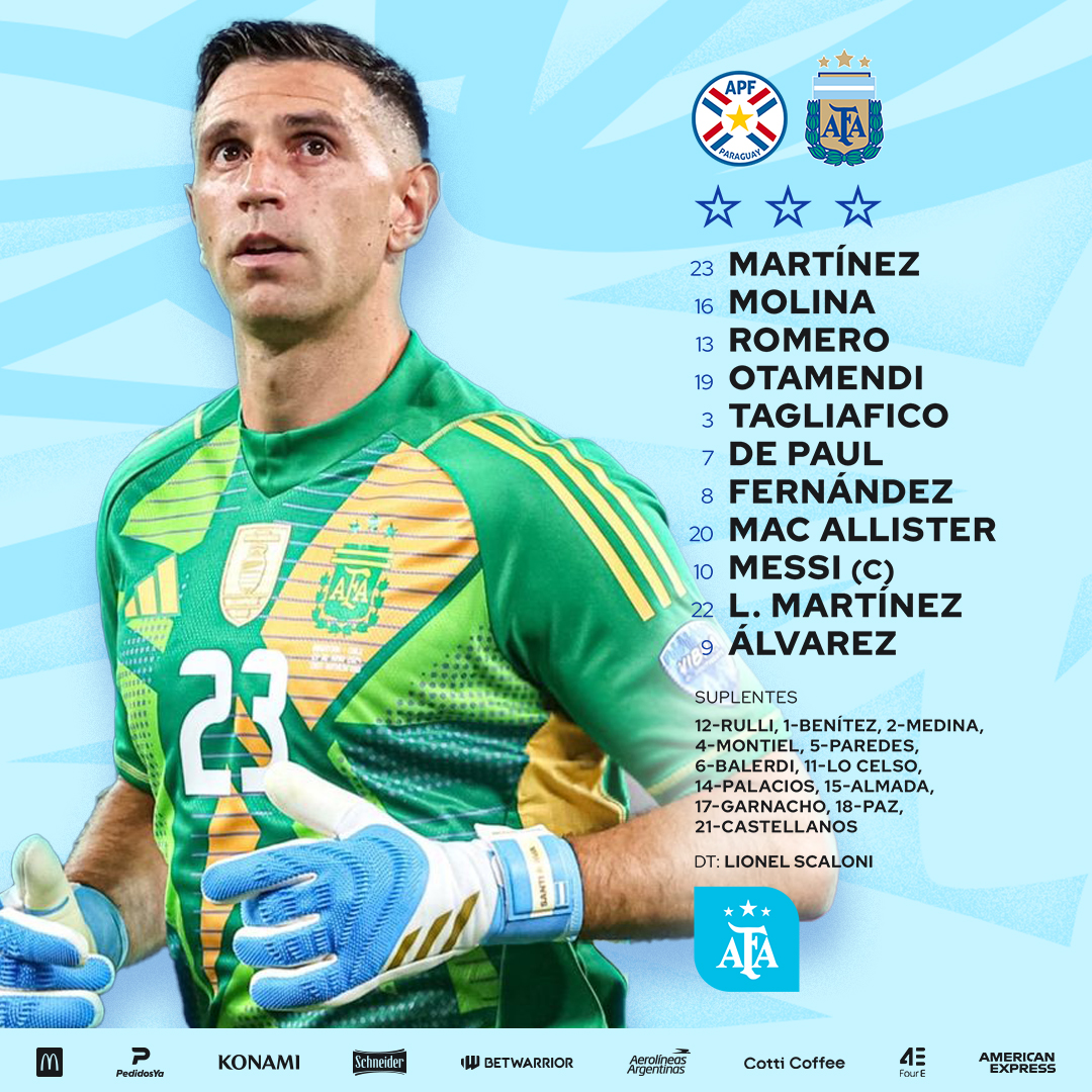 🏆 #Eliminatorias

📋 ¡Once inicial confirmado! ⚽

Así formará <a href="/Argentina/">🇦🇷 Selección Argentina ⭐⭐⭐</a> 🇦🇷 para el duelo ante #Paraguay 🇵🇾 💪