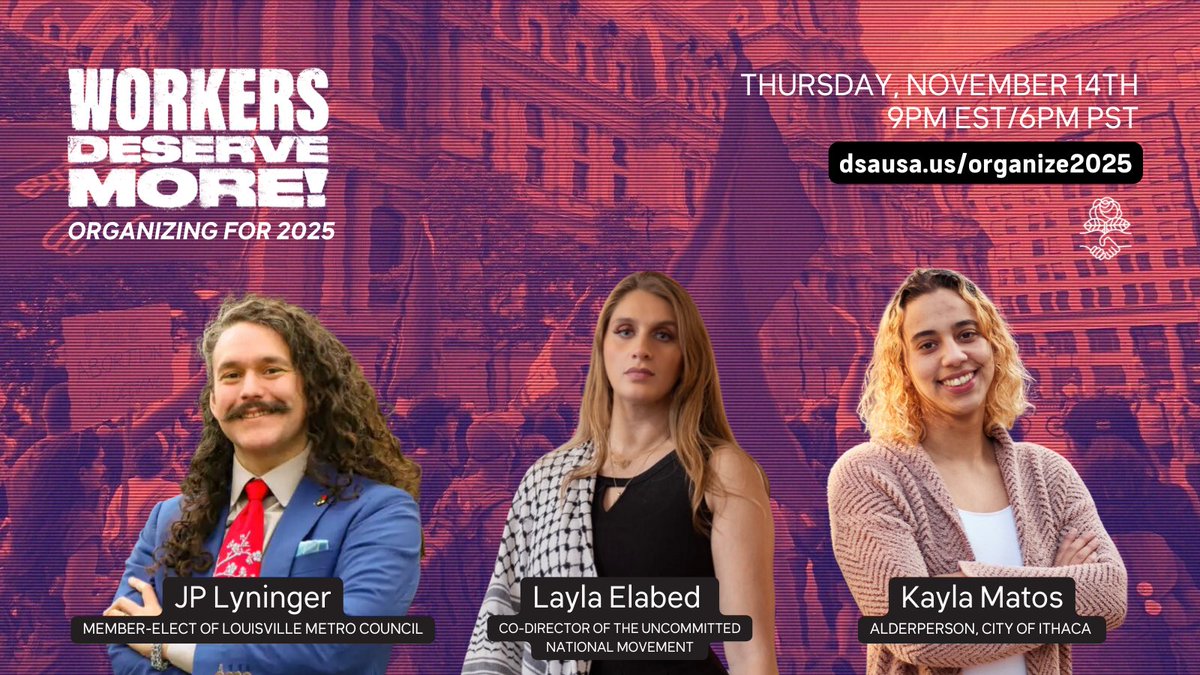 DemSocialists's tweet photo. TONIGHT hear from DSA Electeds (or soon to be electeds!) @jpforlou, @Matos_ith and from @luluelabed, from the @uncommittedmvmt in addition to other incredible DSA leaders. RSVP now: https://t.co/jSP0nabBHb https://t.co/T8CcX8vd0V