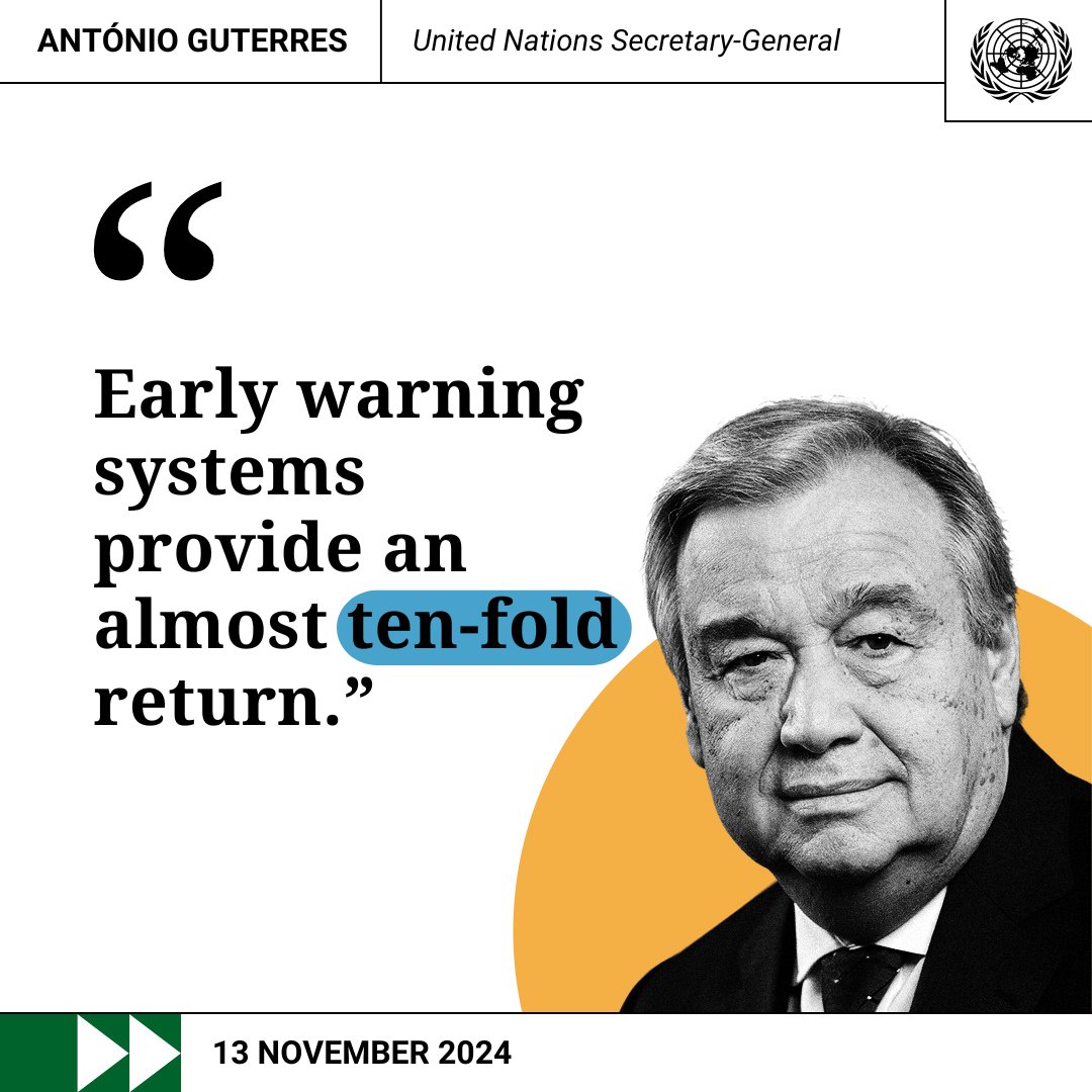 UNEP's tweet photo. "In this era of climate catastrophe, early warning systems and protection from extreme heat are not luxuries. They are necessities."

Speaking at #COP29, @UN Secretary-General @antonioguterres reiterates call for robust &amp; expanded early warning systems: https://t.co/rJnDG2Fpdb https://t.co/pFzaokiPRa