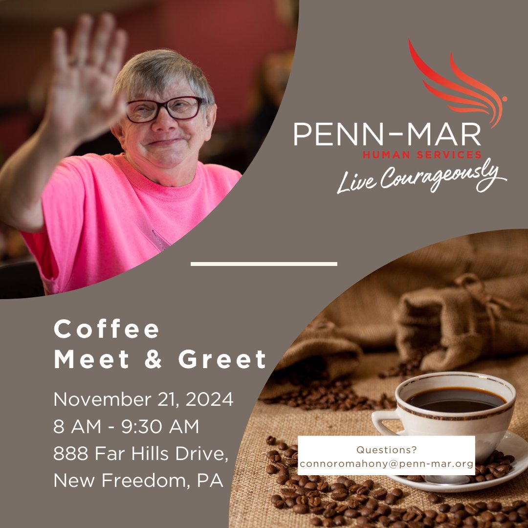 Penn-Mar Human Services (@pennmarhs) on Twitter photo ☕Coffee Meet & Greet☕
📅Thursday 11/21
🕗8 AM - 9:30 AM
📍888 Far Hills Drive, New Freedom, PA
Meet our recruiters and discover more about what Penn-Mar has to offer. Questions? connoromahony@penn-mar.org or 717-818-8912
#NowHiring #Career #Jobs ☕Coffee Meet & Greet☕
📅Thursday 11/21
🕗8 AM - 9:30 AM
📍888 Far Hills Drive, New Freedom, PA
Meet our recruiters and discover more about what Penn-Mar has to offer. Questions? connoromahony@penn-mar.org or 717-818-8912
#NowHiring #Career #Jobs