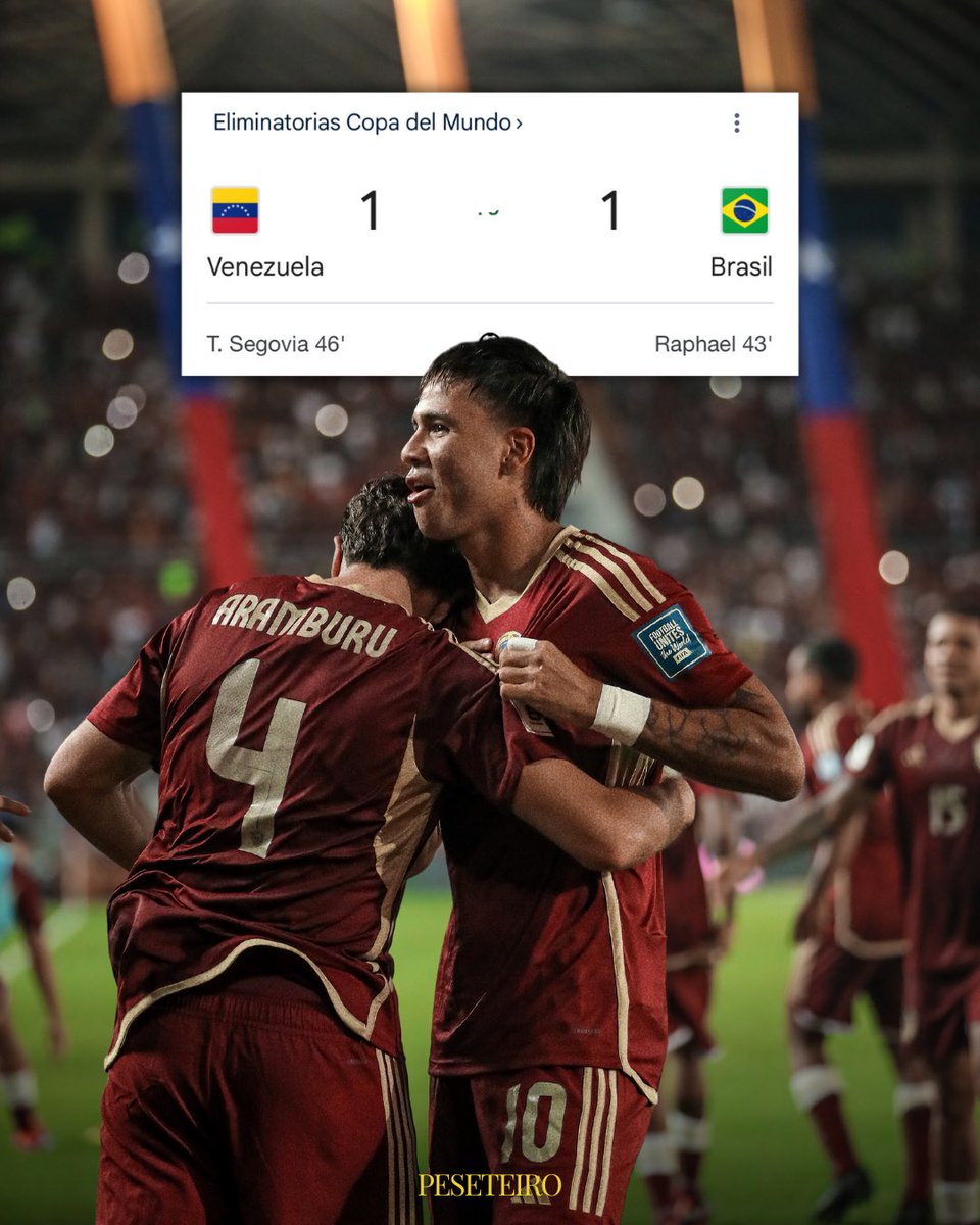 jpeseteiroDT's tweet photo. POR PRIMERA VEZ EN LA HISTORIA VENEZUELA SUMA CONTRA BRASIL EN CONDICIÓN DE LOCAL 🇻🇪

VIVA VENEZUELA EN ESA MIERDA CABALLERO. https://t.co/XEbp6UbtJb