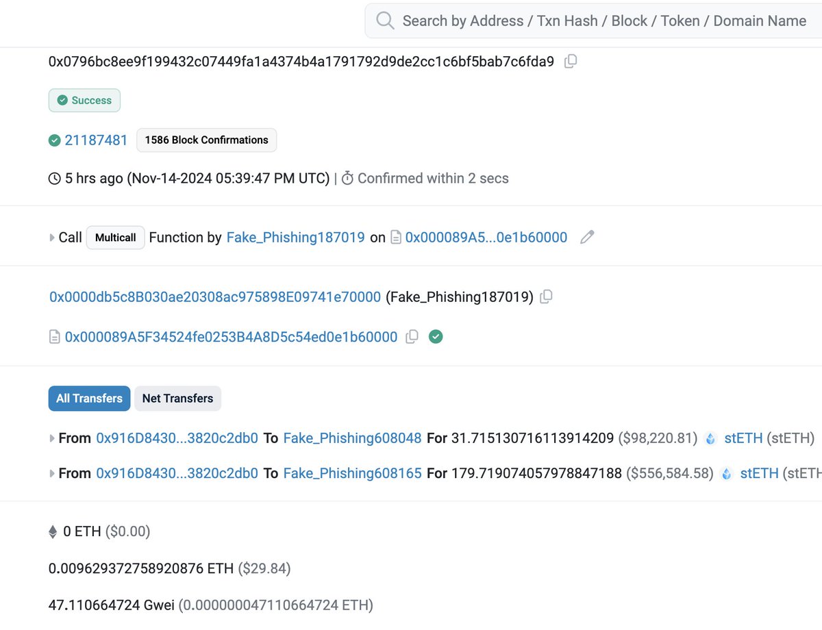 realScamSniffer's tweet photo. 🚨 5 hours ago, someone lost 211 stETH ($654,042) after signing a "permit" phishing signature.🎣💸 https://t.co/HqURyA5IiB