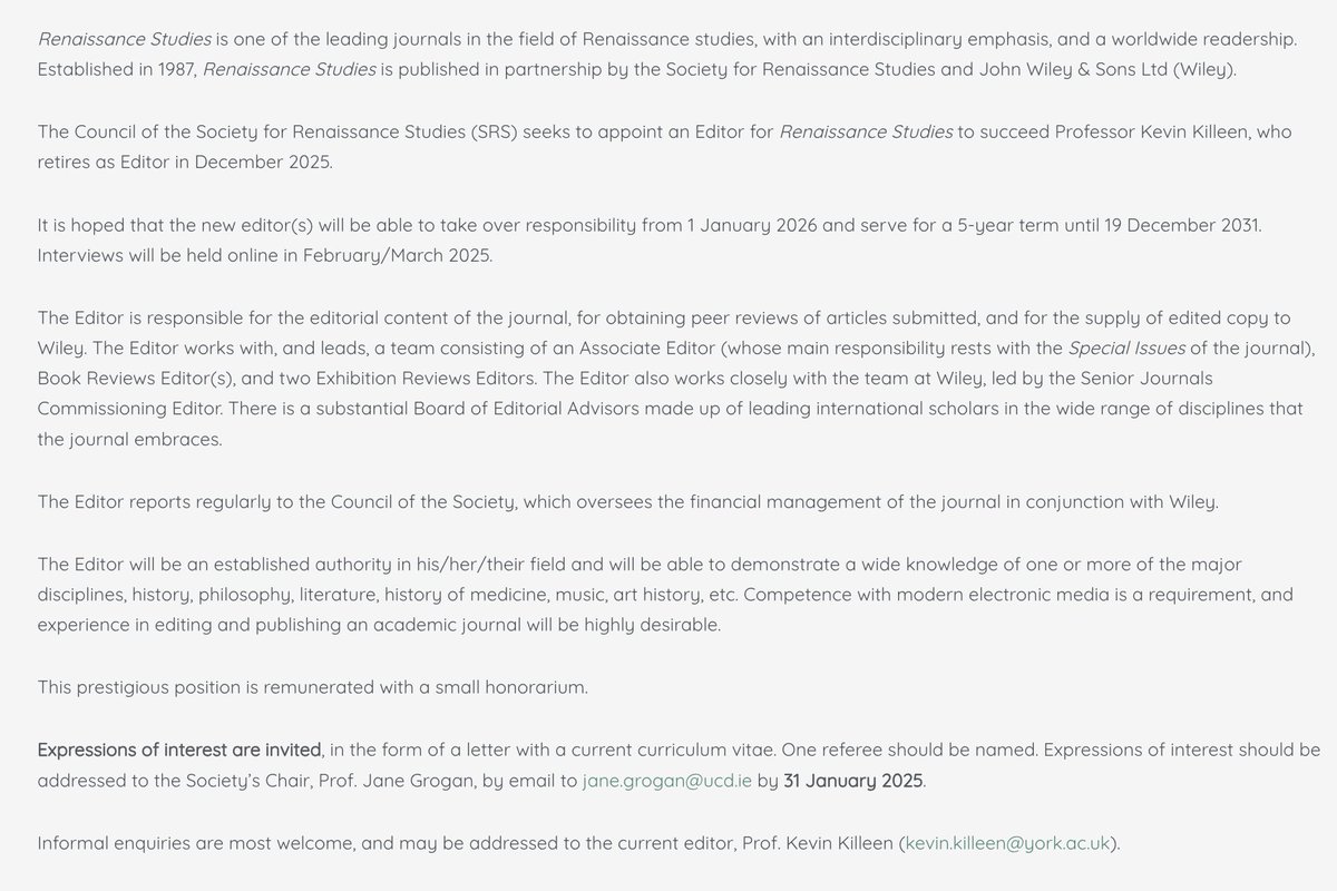 Renaissance SRS (@srsrensoc) on Twitter photo *VERY EXCITING VACANCY*
Join our team behind the superb Renaissance Studies as editor -- guided expertly by <a href="/WileyHumanities/">Wiley Humanities</a>.
Ability to combust into flames and shrug it off not a requirement. #EarlyModern excitement is
Deadline: 31 Jan 2025
All info: rensoc.org.uk/vacancy-editor… *VERY EXCITING VACANCY*
Join our team behind the superb Renaissance Studies as editor -- guided expertly by <a href="/WileyHumanities/">Wiley Humanities</a>.
Ability to combust into flames and shrug it off not a requirement. #EarlyModern excitement is
Deadline: 31 Jan 2025
All info: rensoc.org.uk/vacancy-editor…