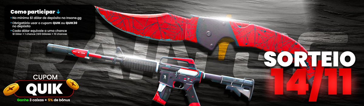 ricardoquik's tweet photo. SORTEIO HOJE ★ Falchion | Crimson Web
+ M4A1-S | Cyrex
Valor: R$1.620,00✔️                  

Sorteio EXCLUSIVO para quem depositar no MÍNIMO $1 usando o cupom QUIK na RAINGG           

LINK p/ participar:  https://t.co/xOaE2sc7MW https://t.co/8y5rSbcxHp