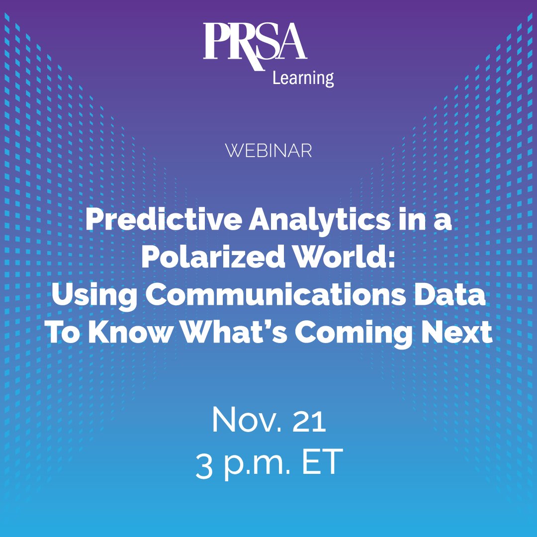 PRSA's tweet photo. 📊 Join us on Nov. 21 to learn how data and predictive analytics can guide communicators through the complexities of the current political landscape. Free for PRSA members—register today! https://t.co/tWUJfrBqoY   #prsalearning https://t.co/Bq6DAstqZ7