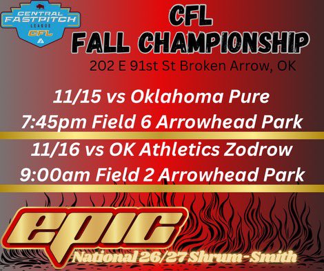 Last tournament of the fall is in Broken Arrow this weekend! Come out and watch us play!  <a href="/epicnat08_shrum/">Epic National 26/27 Shrum,Smith</a>