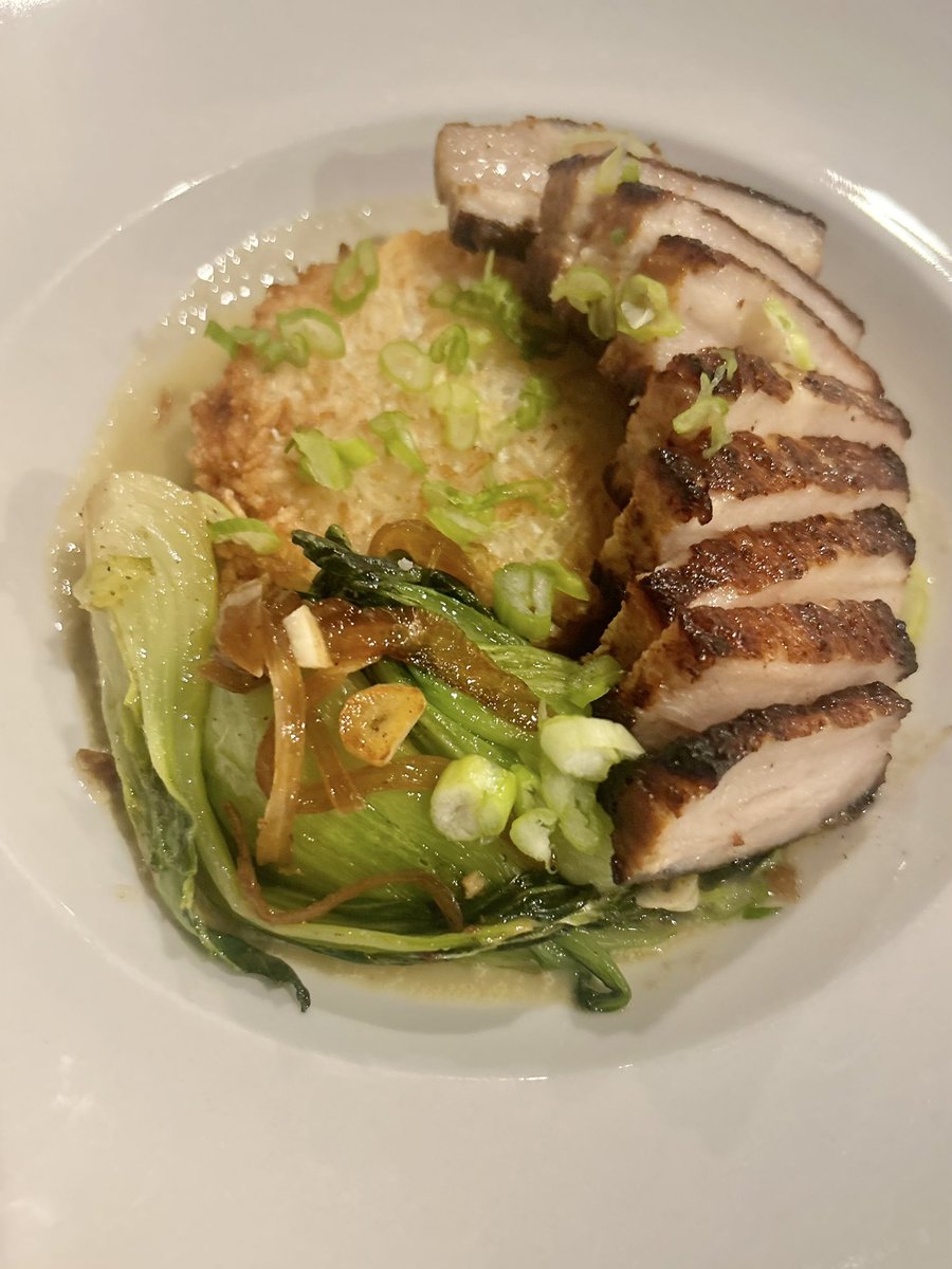 Weekend vibes: on point. ☑️ 

Adobo (Philippine) Marinated Pork Belly 🥬 Sauteed Bok Choy, Crispy Rice Cake, Ginger Nage Sauce