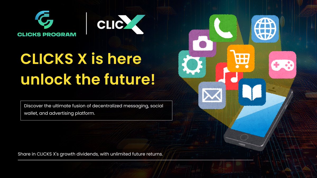 ClicksProgram's tweet image. 🚀 CLICKS X is here !

Discover the ultimate fusion of decentralized messaging, social wallet, and advertising platform. 

Activate nodes, earn rewards, 
and unlock the future !🌟

#CLICKSX #CDAO #Web3 #Defi #Blockchain #Clickstoken #Airdrop #AirdropCrypto