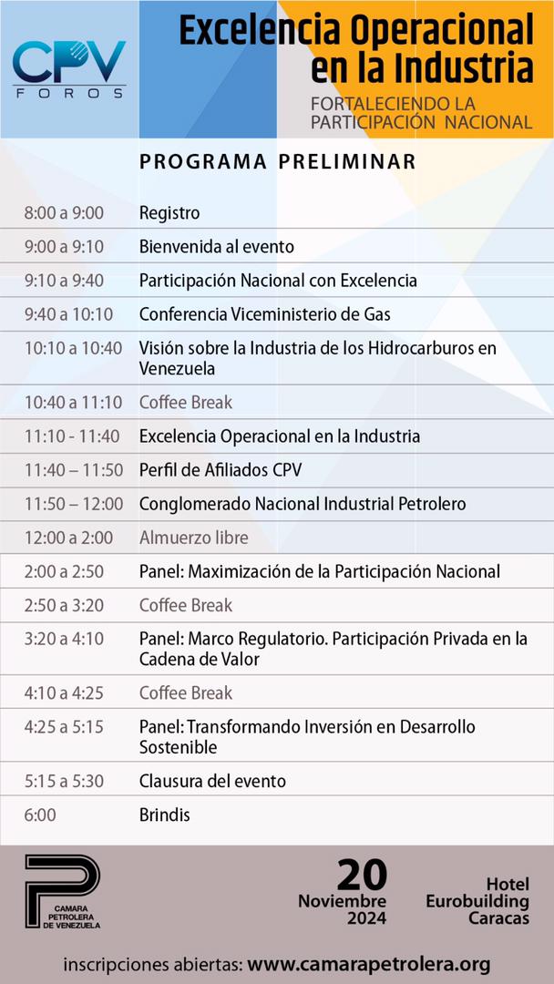 Estamos a solo *pocos días* de nuestro evento CPV Foro Nacional 2024 “Excelencia Operacional en la Industria, Fortaleciendo la Participación Nacional”.

Para garantizar su participación llene el formulario a través del siguiente enlace forms.gle/KgAajE6egsBc9o…