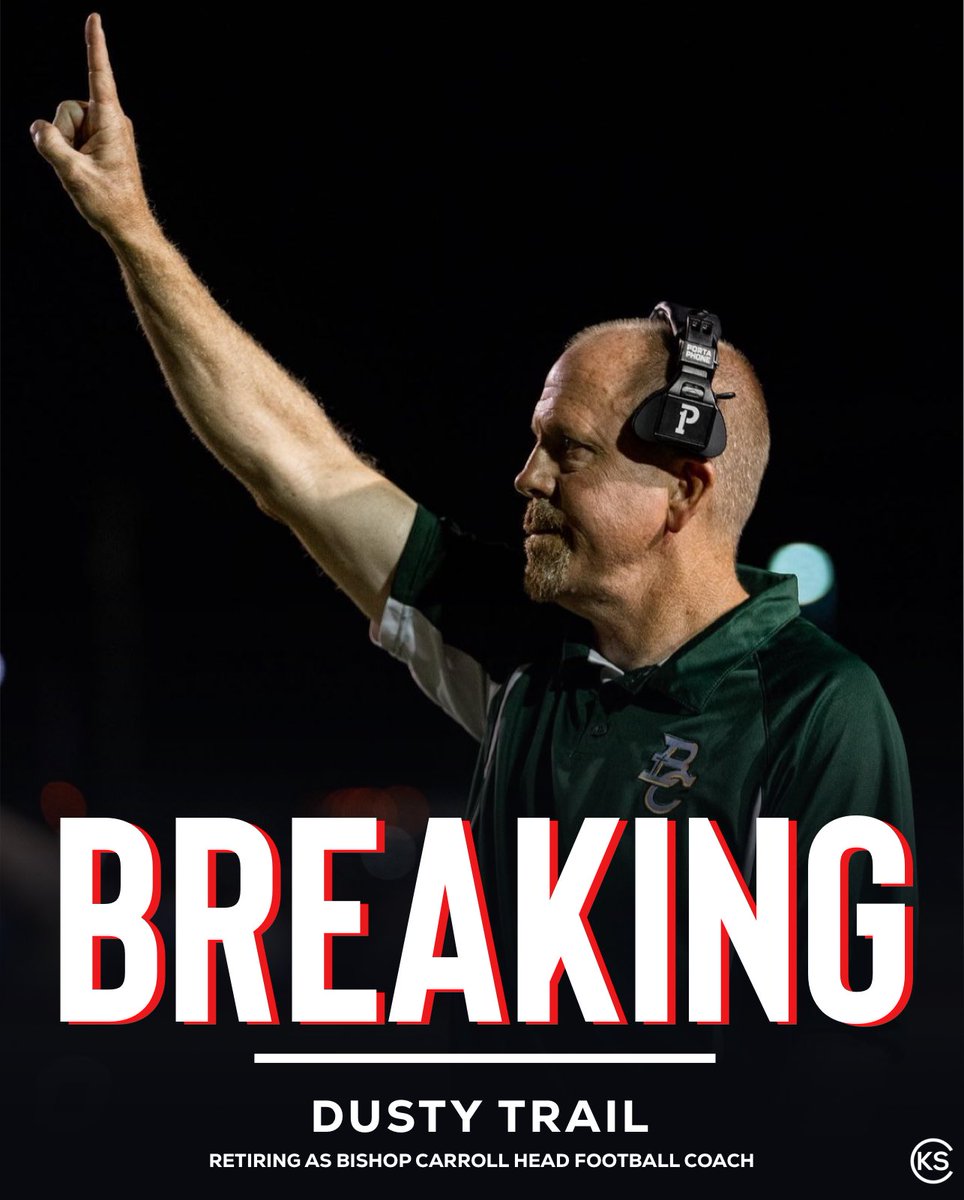 KSSCentral's tweet image. Bishop Carroll Catholic High School Head Football Coach Dusty Trail retires after 8 seasons and a state championship as head coach

Photo Credit: @frobiphoto
