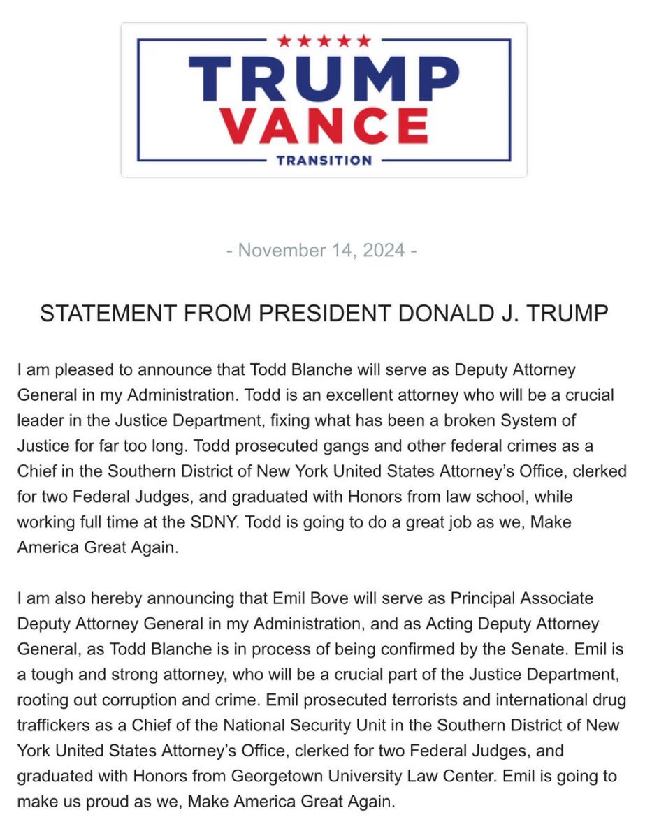 LauraLoomer's tweet photo. JUST IN: 

President Trump has announced that his lawyer Todd Blanche will serve as the Deputy Attorney General in the Trump administration. 

He also announced that another one of his attorneys, Emil Bove, will serve as Principal Associate Deputy Attorney General in the Trump admin.