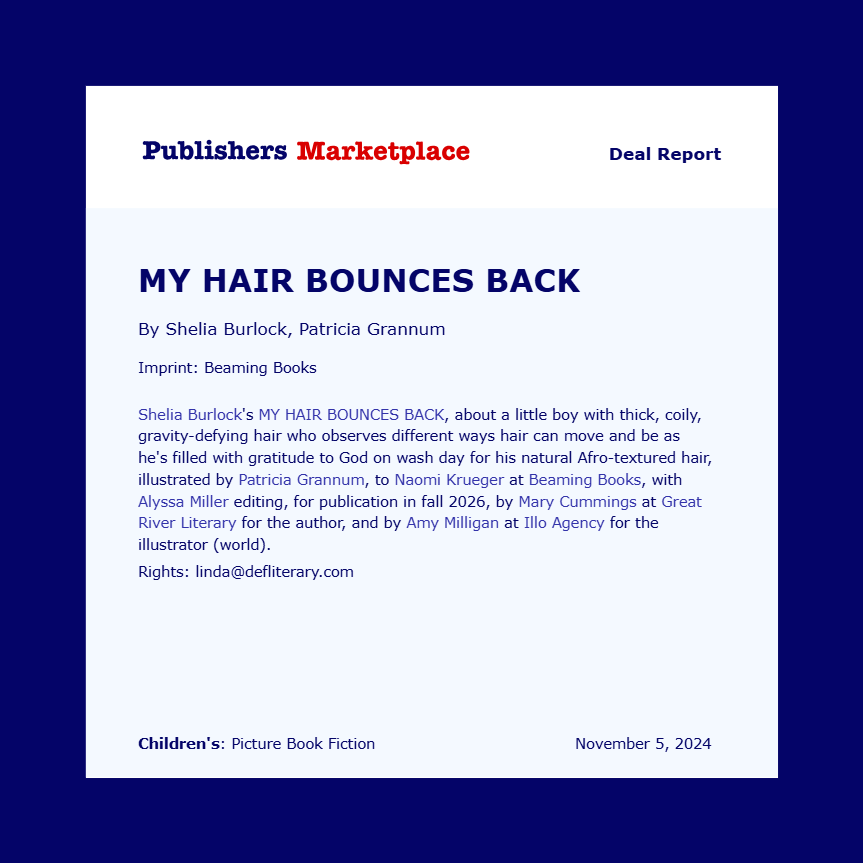 Hooray!! I'm excited to share that <a href="/BeamingBooksMN/">Beaming Books</a> will publish my debut picture book, MY HAIR BOUNCES BACK,  illustrated by Patricia Grannum, in Fall 2026. Can't wait to have my grandson, and so many other children with gravity-defying coils, read this one. #WritingCommunity
