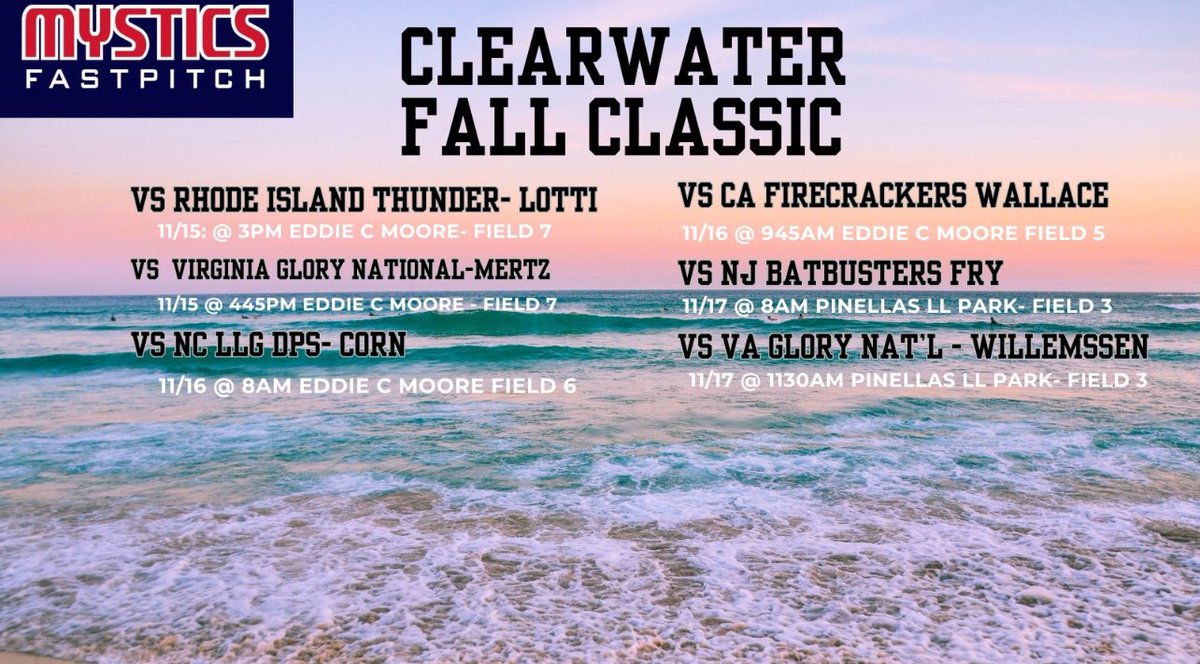 maddiewray26's tweet photo. Schedule for Clearwater Classic!!🌊🏖️☀️@MysticsLSS @papa_dorman @CoachGriffSJMys https://t.co/Ni6040mmuD