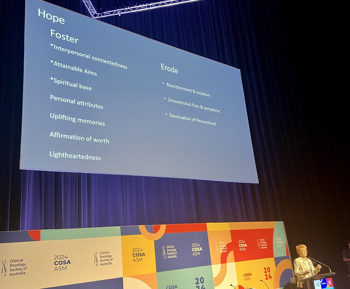 Mal_Itchins's tweet image. Last day of #cosa2024 ASM Gold Coast

Plenary for people with poor prognosis cancers. 

Balancing honesty with empathy and hope. 

“Hope for the best, plan for the rest”